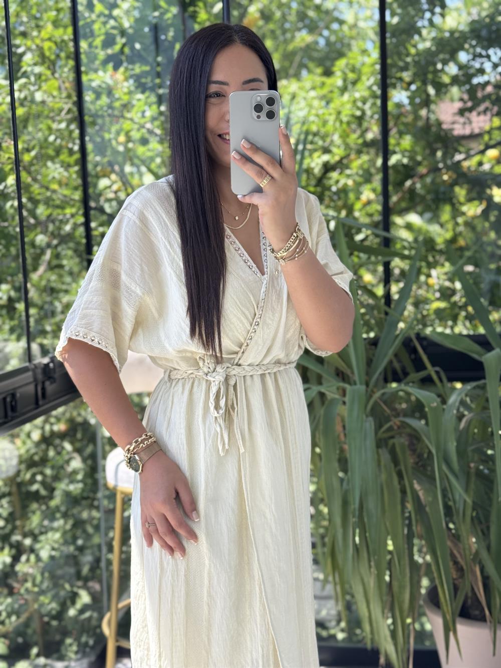 Nakışlı Kruvaze Elbise Sarı