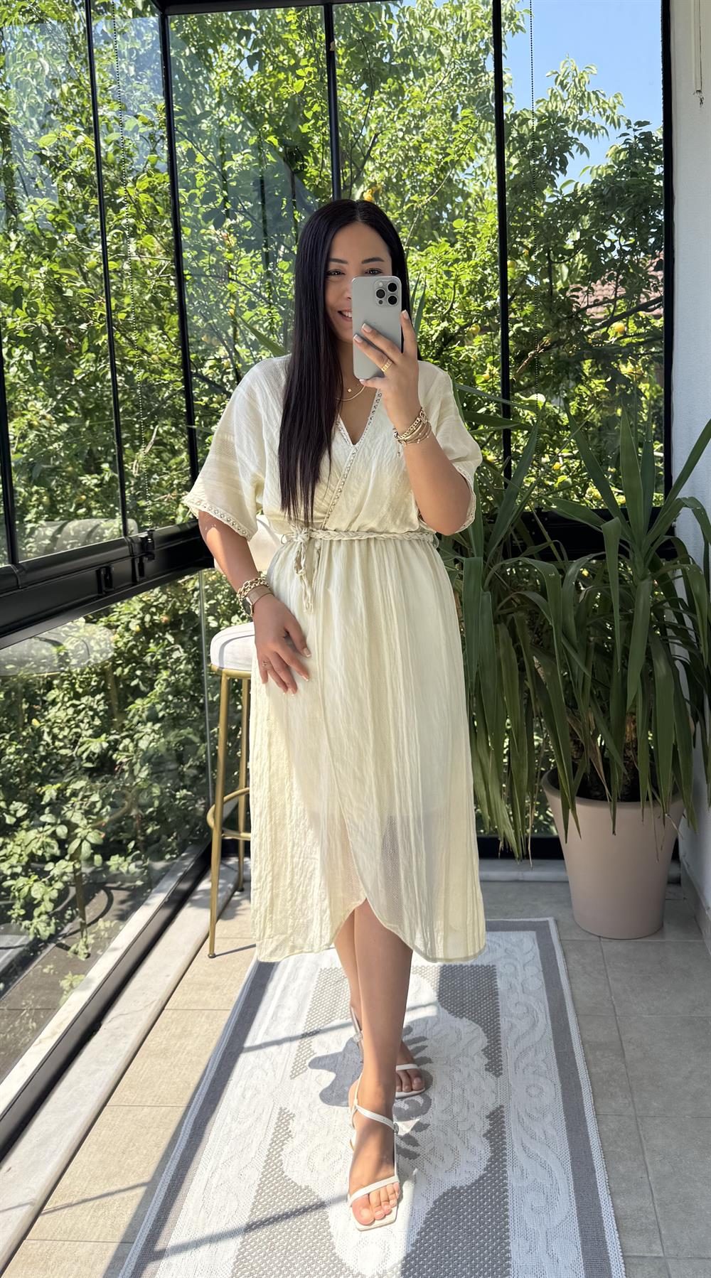 Nakışlı Kruvaze Elbise Sarı