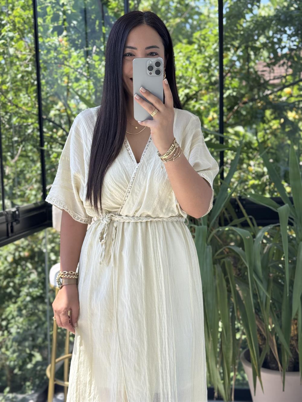 Nakışlı Kruvaze Elbise Sarı