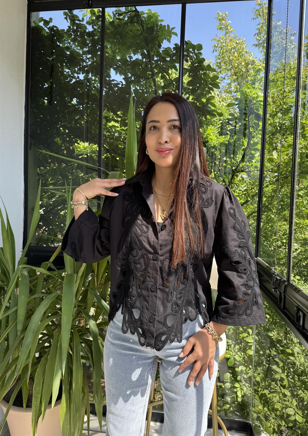 Nakışlı Tasarım Gömlek Siyah