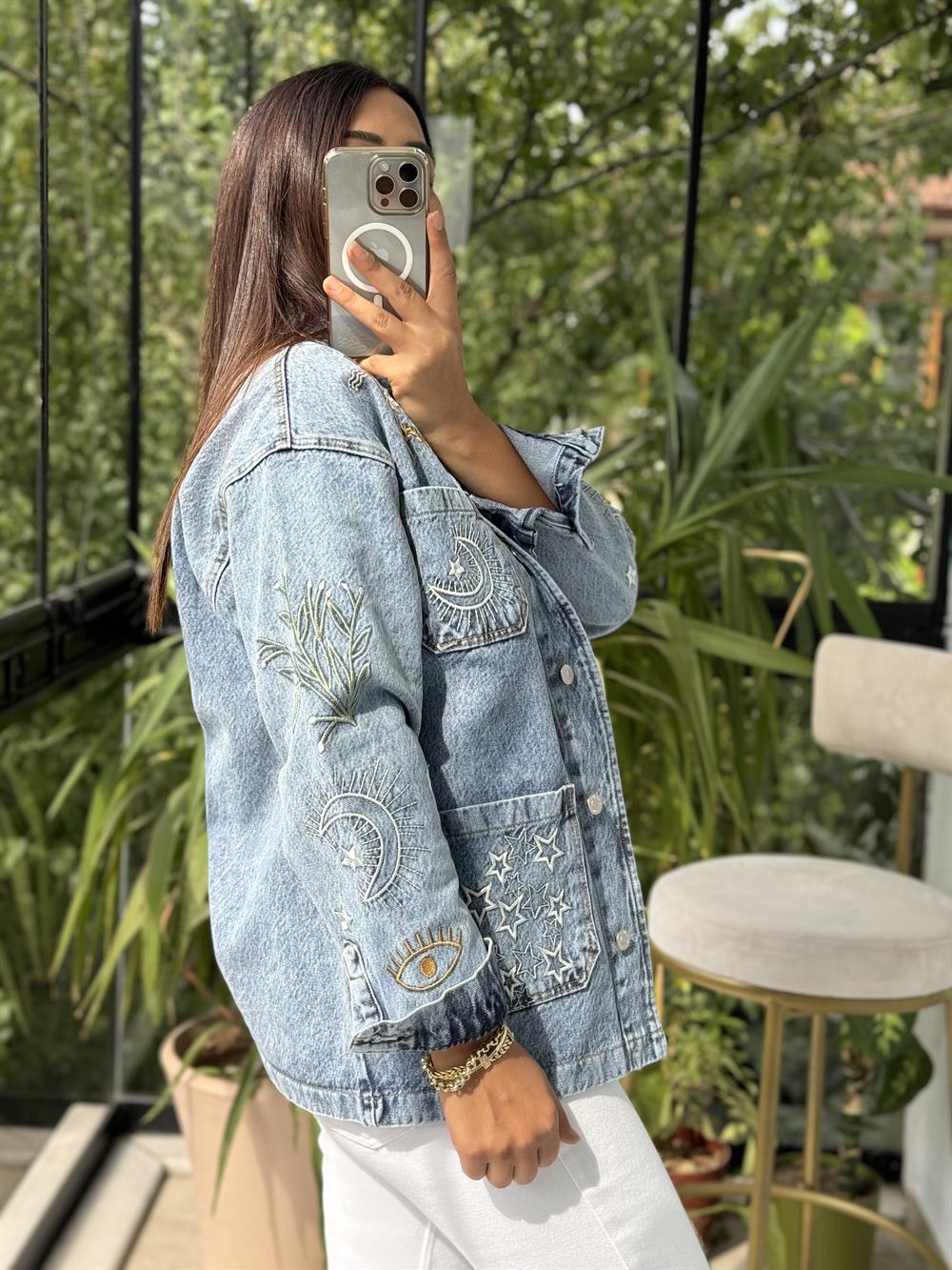 Nakışlı Worker Ceket Açık Mavi