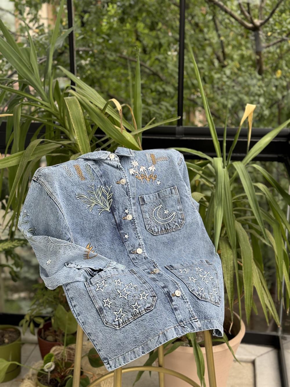 Nakışlı Worker Ceket Açık Mavi