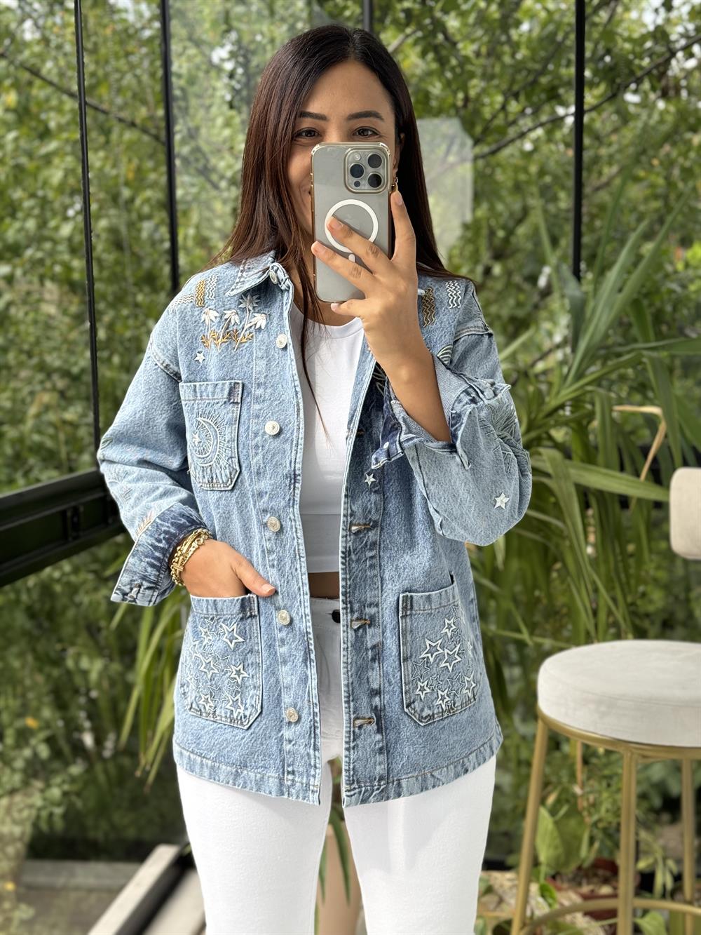 Nakışlı Worker Ceket Açık Mavi