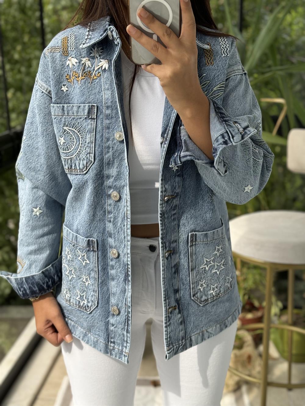 Nakışlı Worker Ceket Açık Mavi