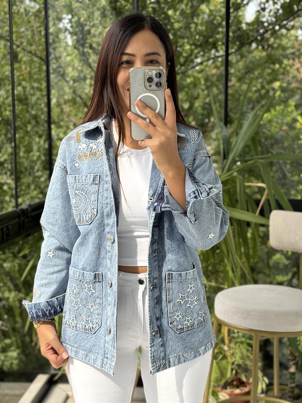 Nakışlı Worker Ceket Açık Mavi