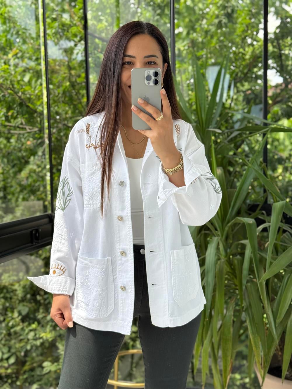 Nakışlı Worker Ceket Krem