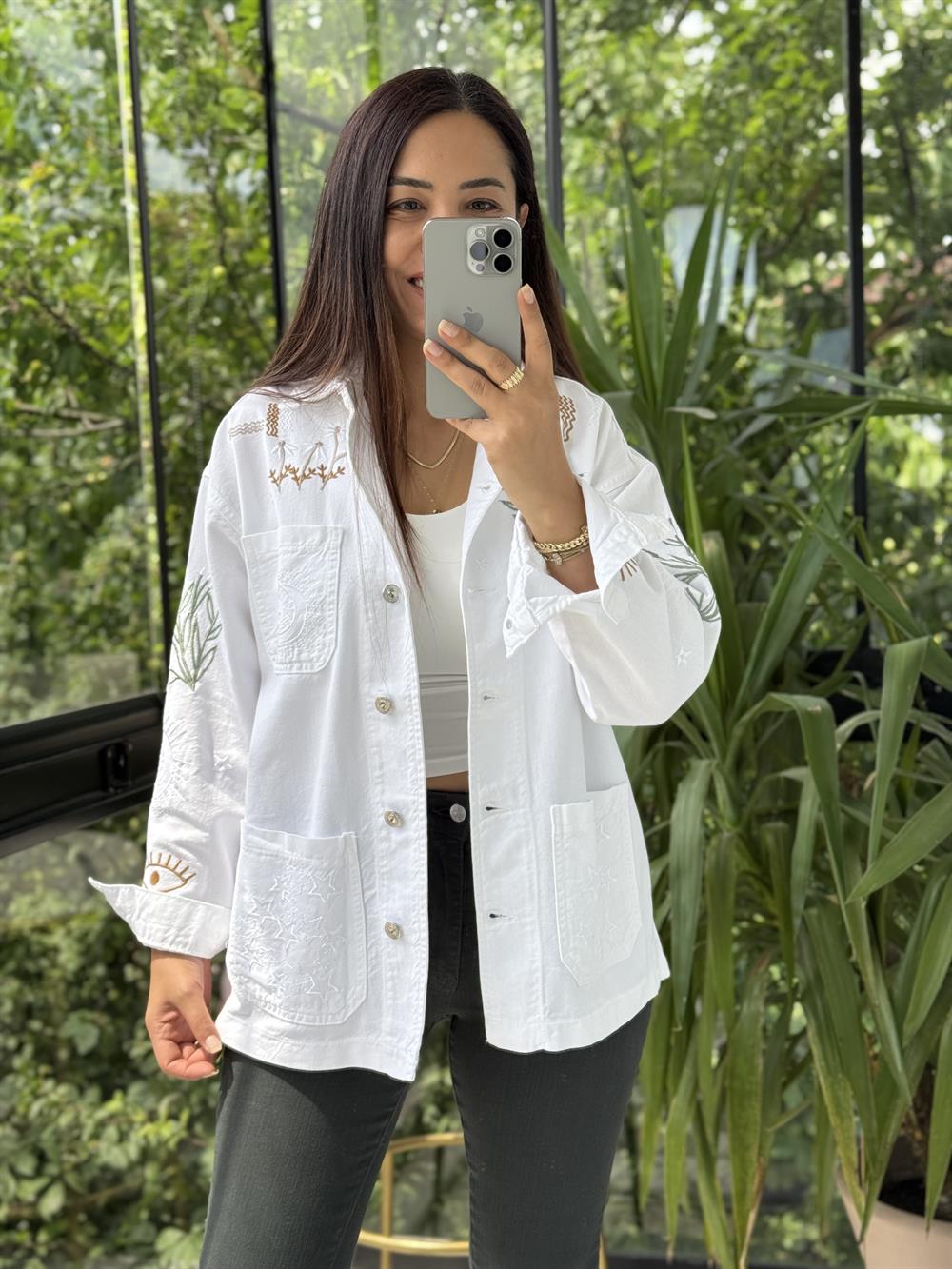 Nakışlı Worker Ceket Krem