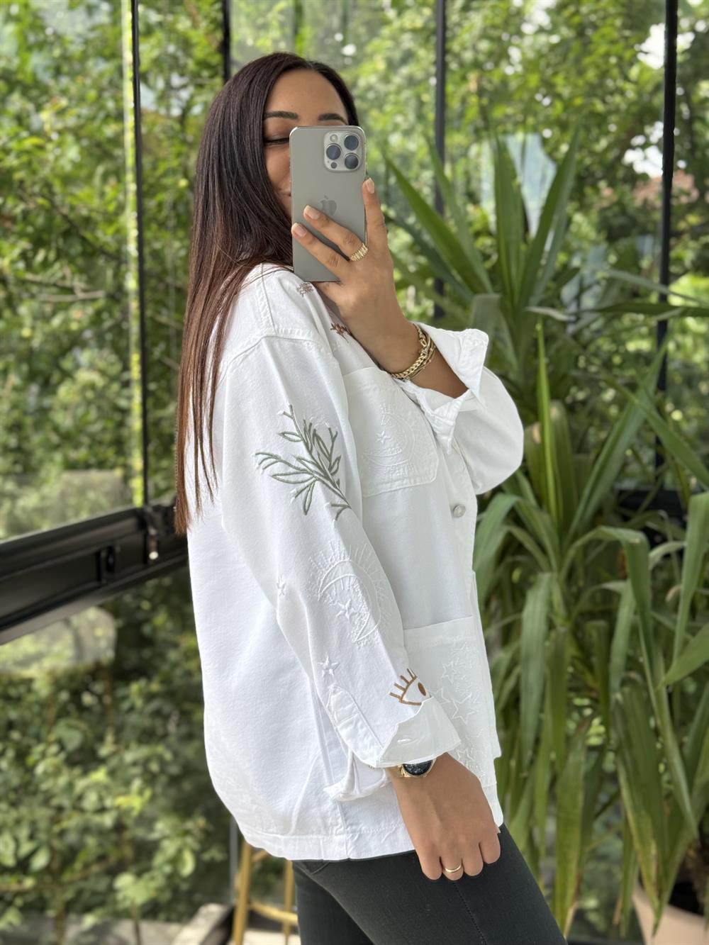 Nakışlı Worker Ceket Krem