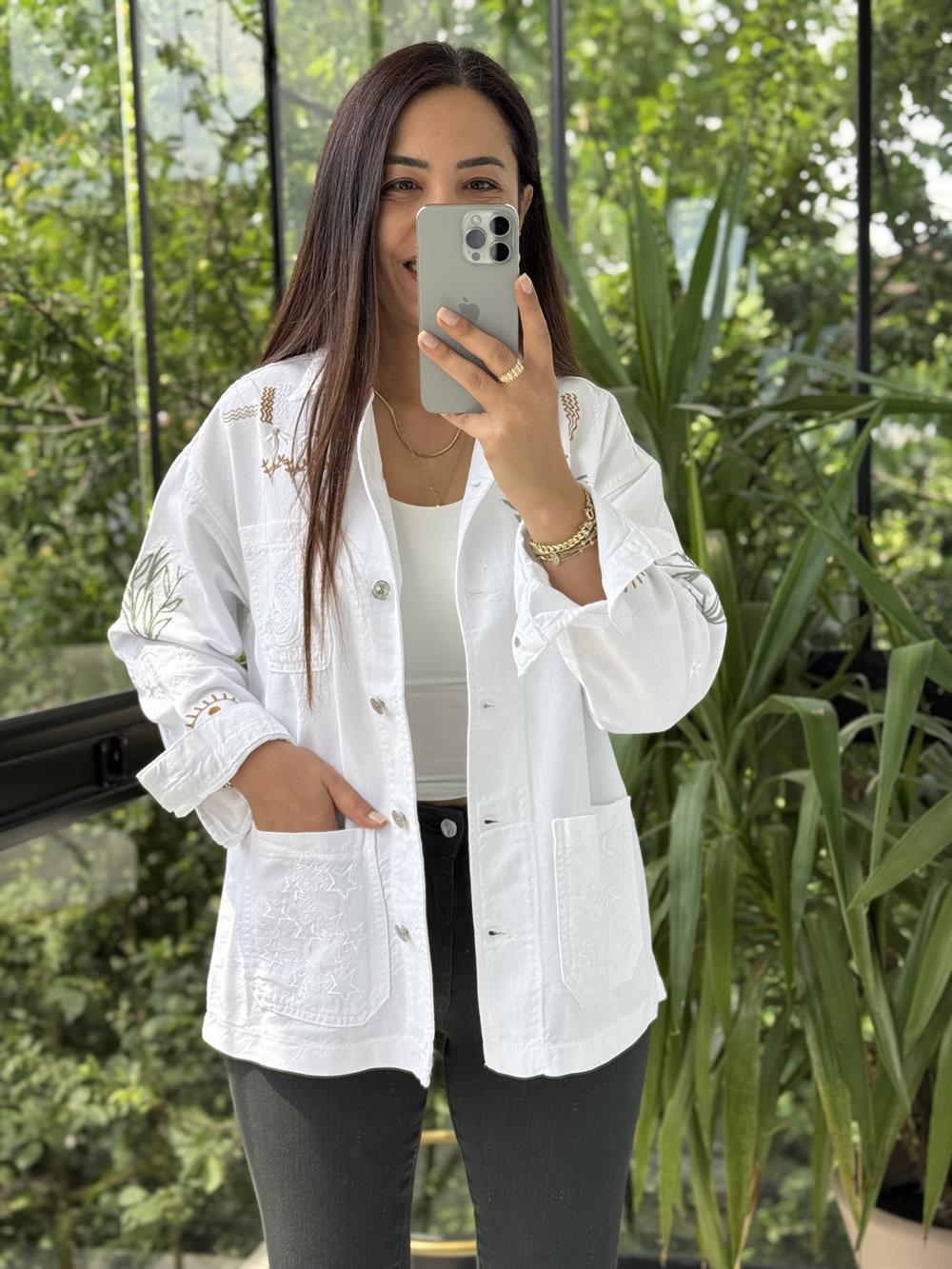 Nakışlı Worker Ceket Krem