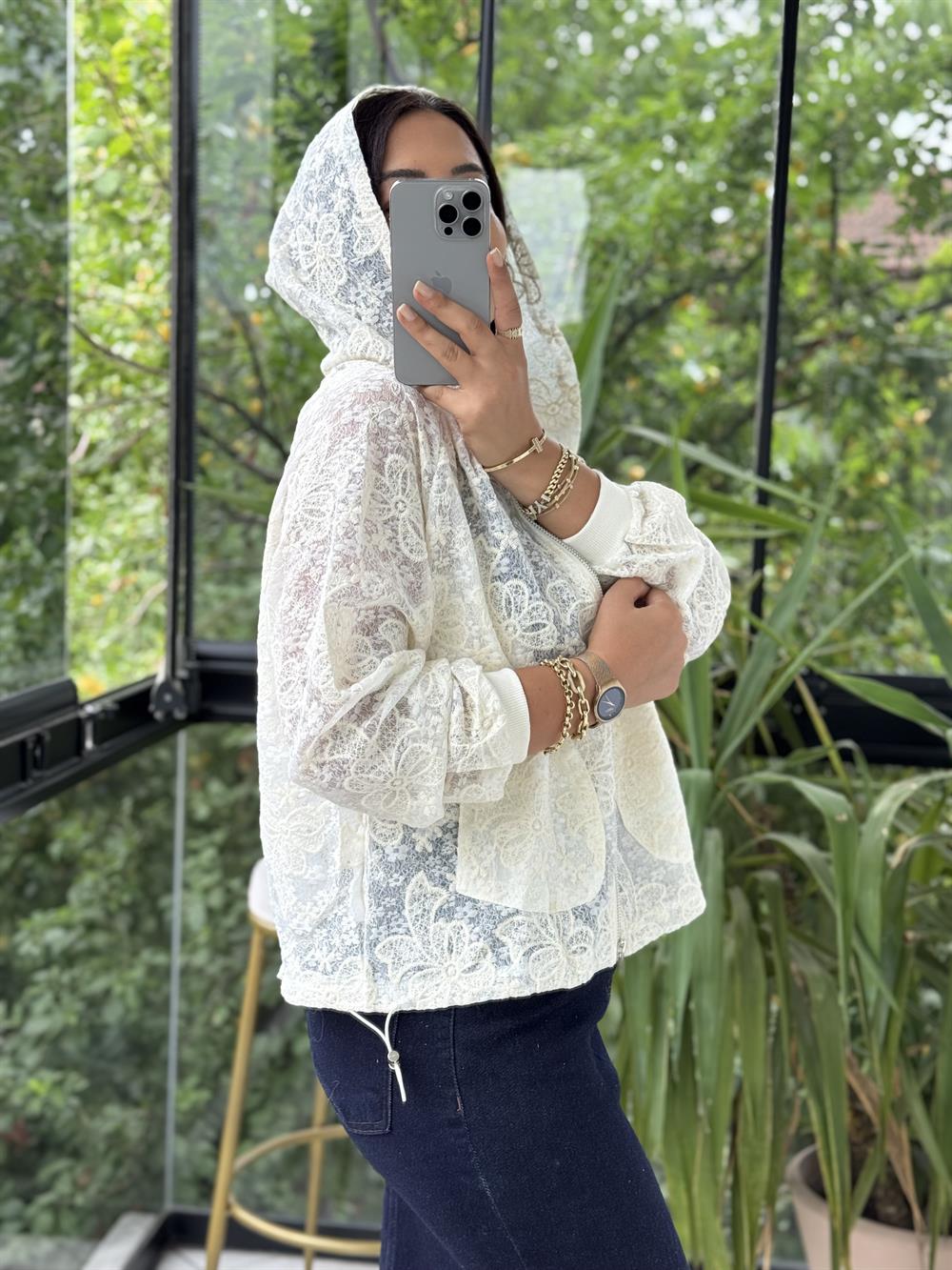 Natural Kapşonlu Ceket Ekru