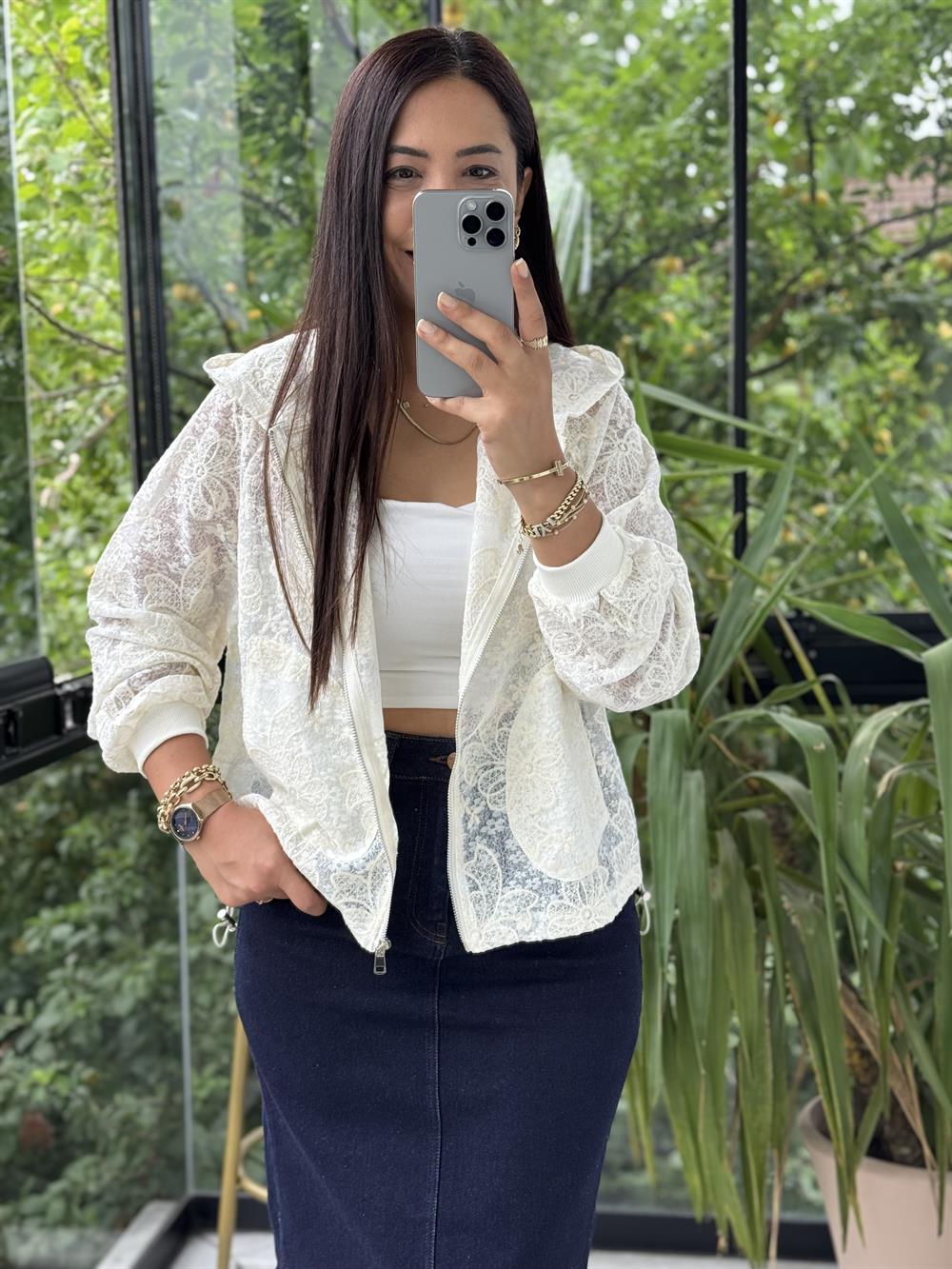 Natural Kapşonlu Ceket Ekru