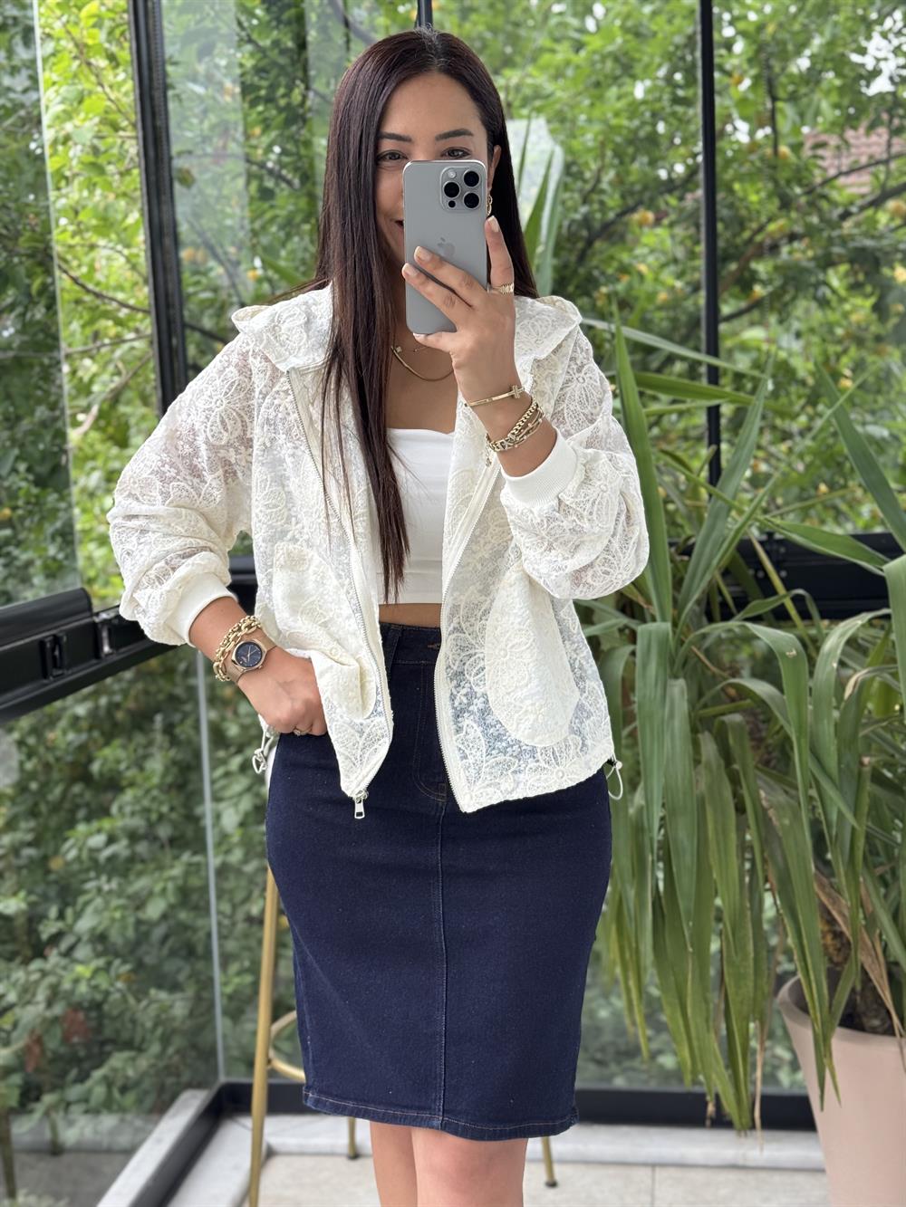 Natural Kapşonlu Ceket Ekru