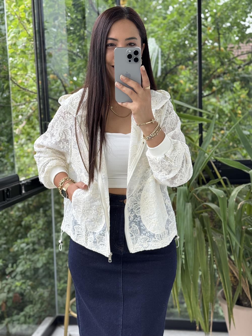 Natural Kapşonlu Ceket Ekru