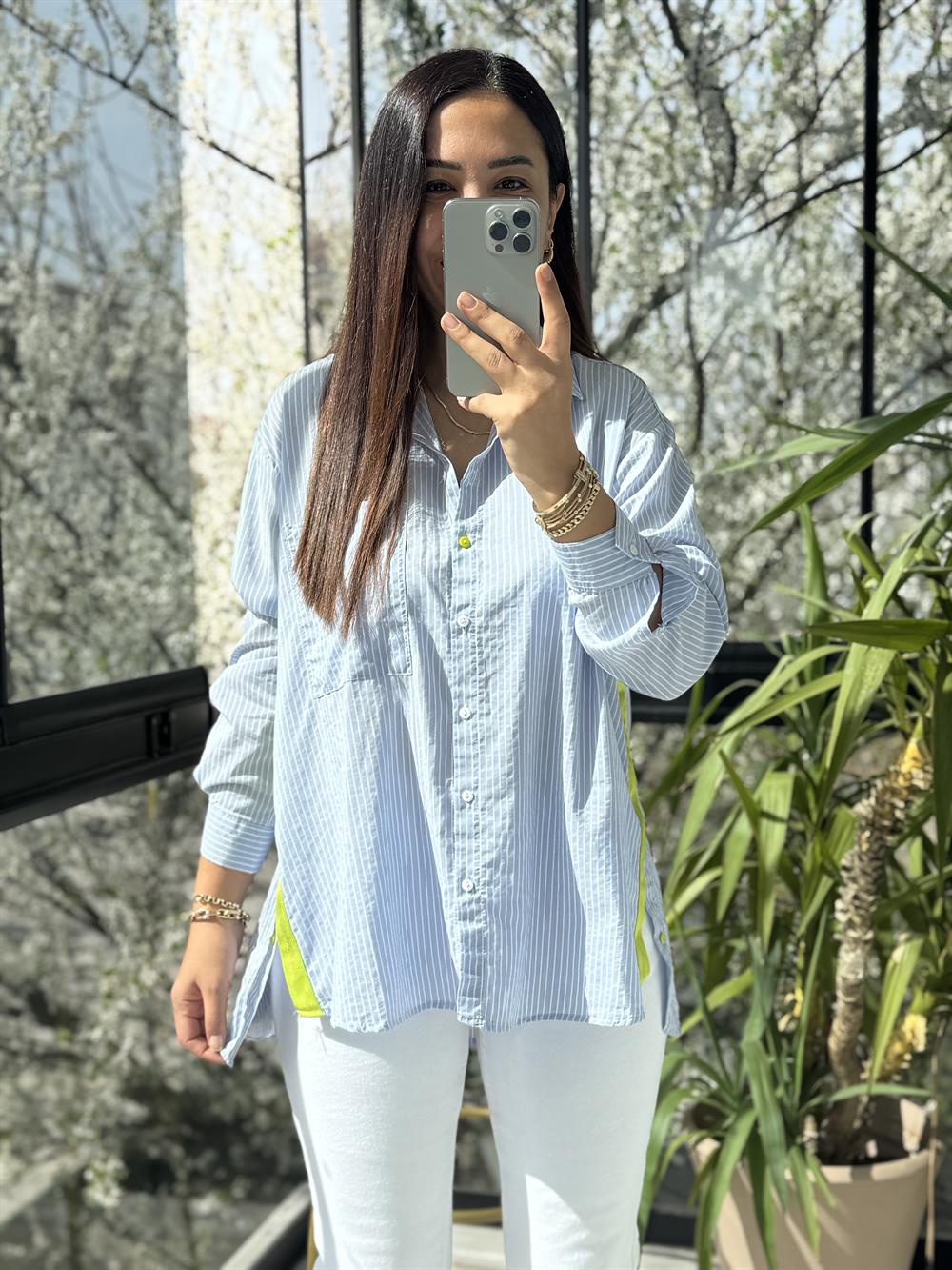 Neon Şeritli Çizgili Gömlek Mavi