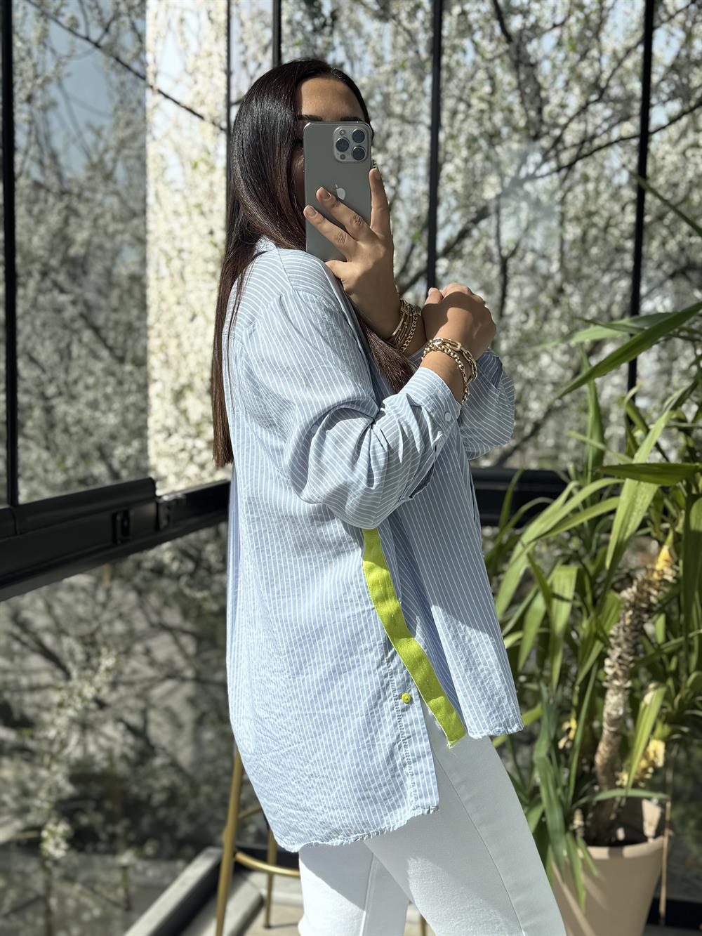 Neon Şeritli Çizgili Gömlek Mavi