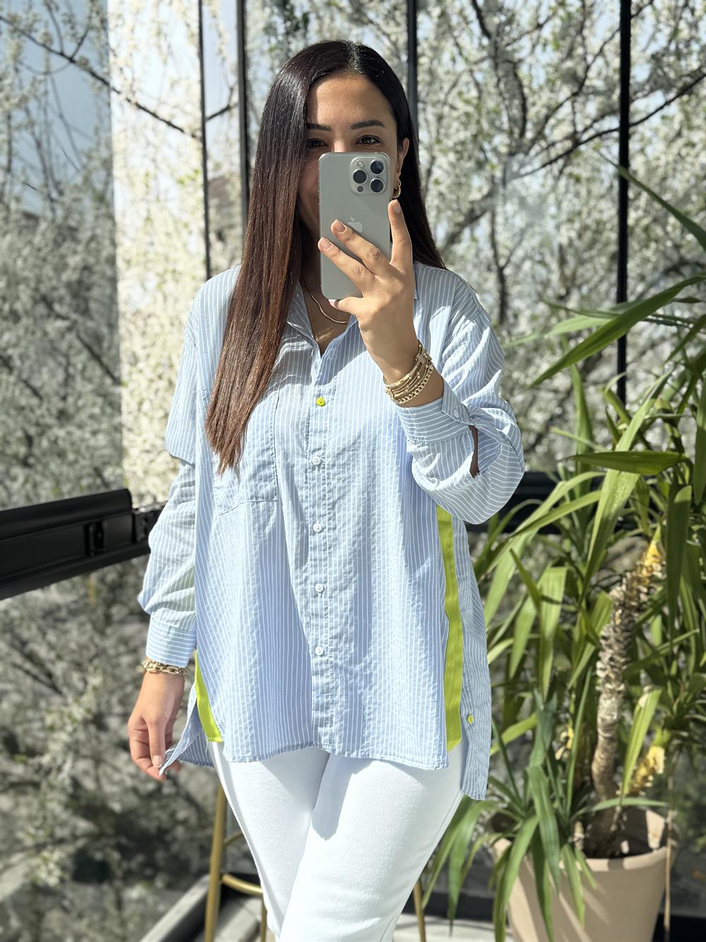 Neon Şeritli Çizgili Gömlek Mavi