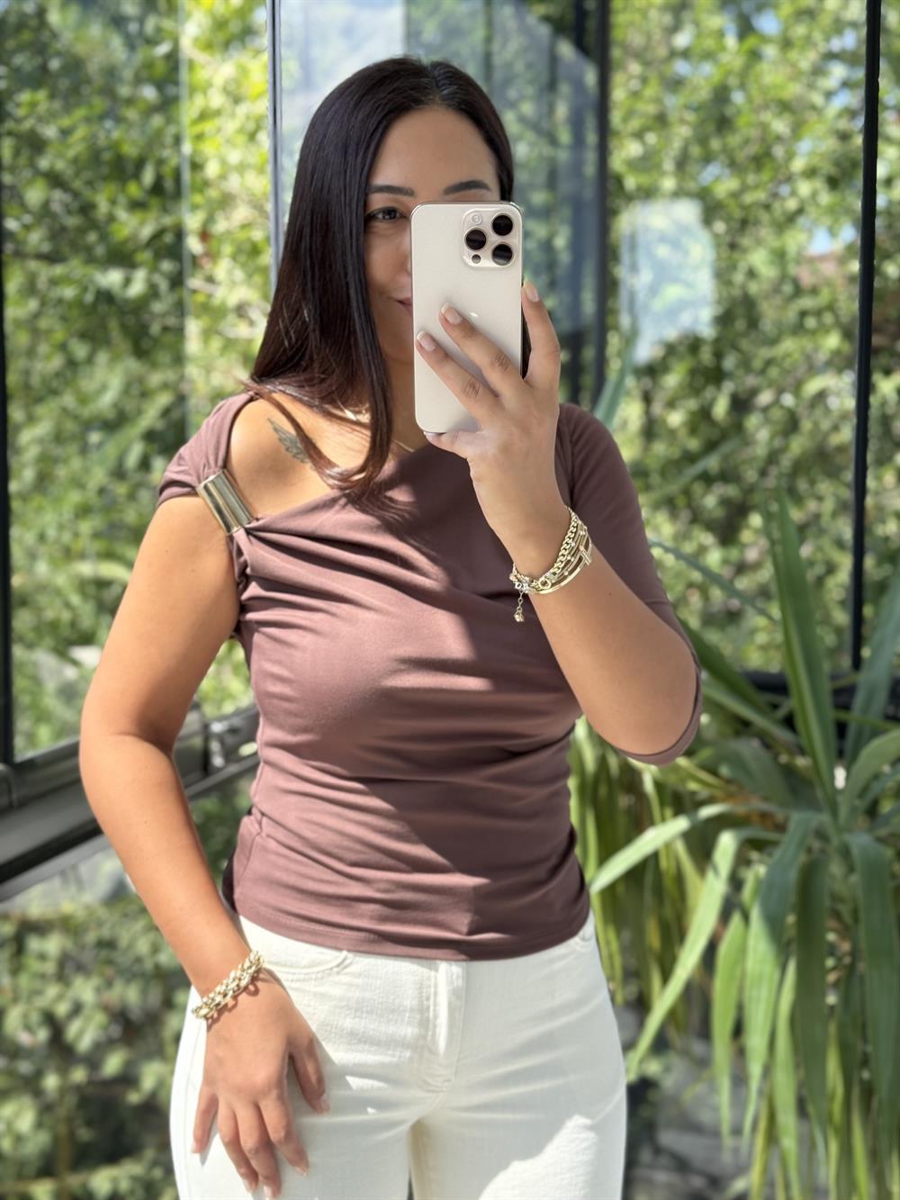 Omuz Detaylı Sandy Bluz Kahve