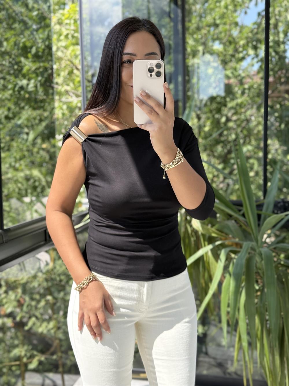 Omuz Detaylı Sandy Bluz Siyah