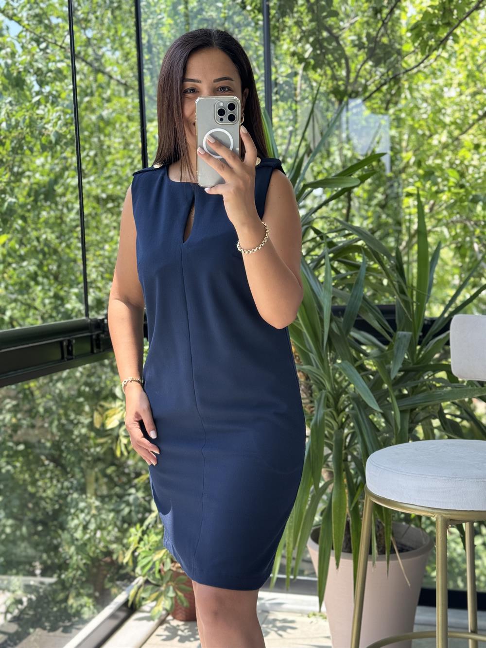 Omuz Düğmeli Apoletli Elbise Lacivert