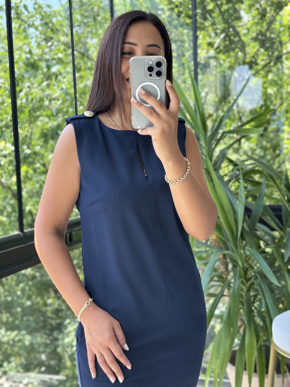 Omuz Düğmeli Apoletli Elbise Lacivert