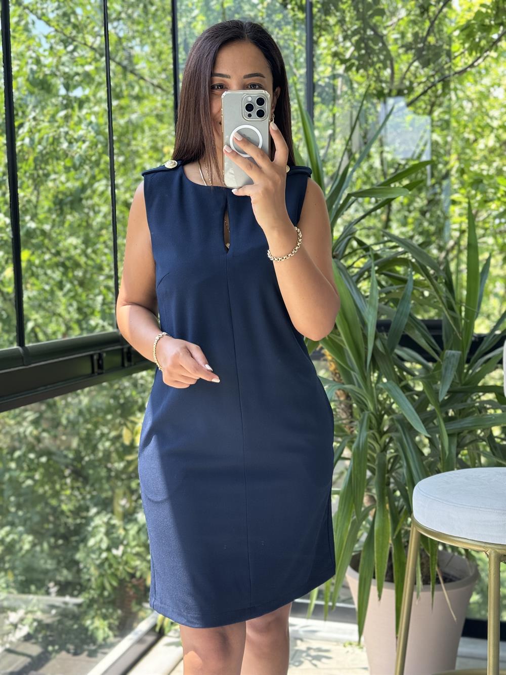 Omuz Düğmeli Apoletli Elbise Lacivert