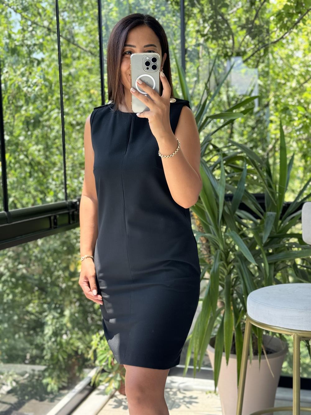 Omuz Düğmeli Apoletli Elbise Siyah