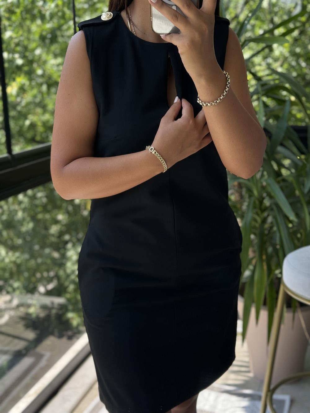 Omuz Düğmeli Apoletli Elbise Siyah