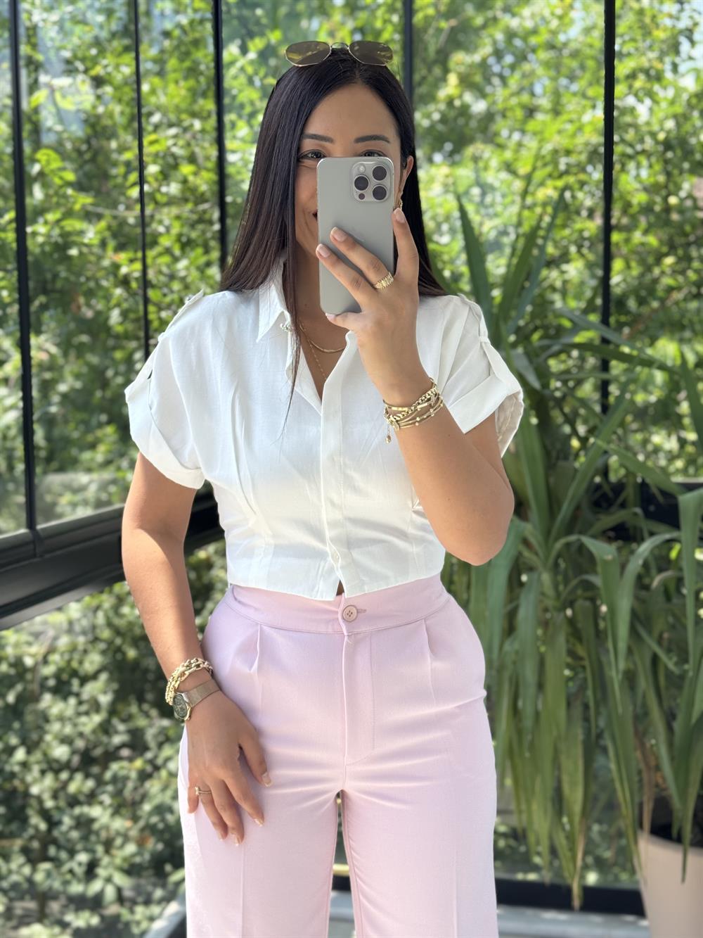 Omuz Düğmeli Saten Ekru