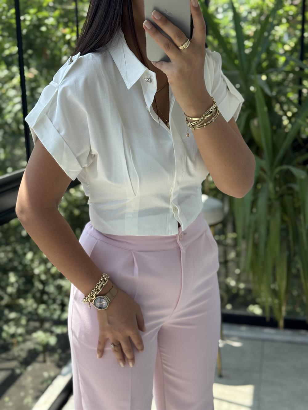 Omuz Düğmeli Saten Ekru