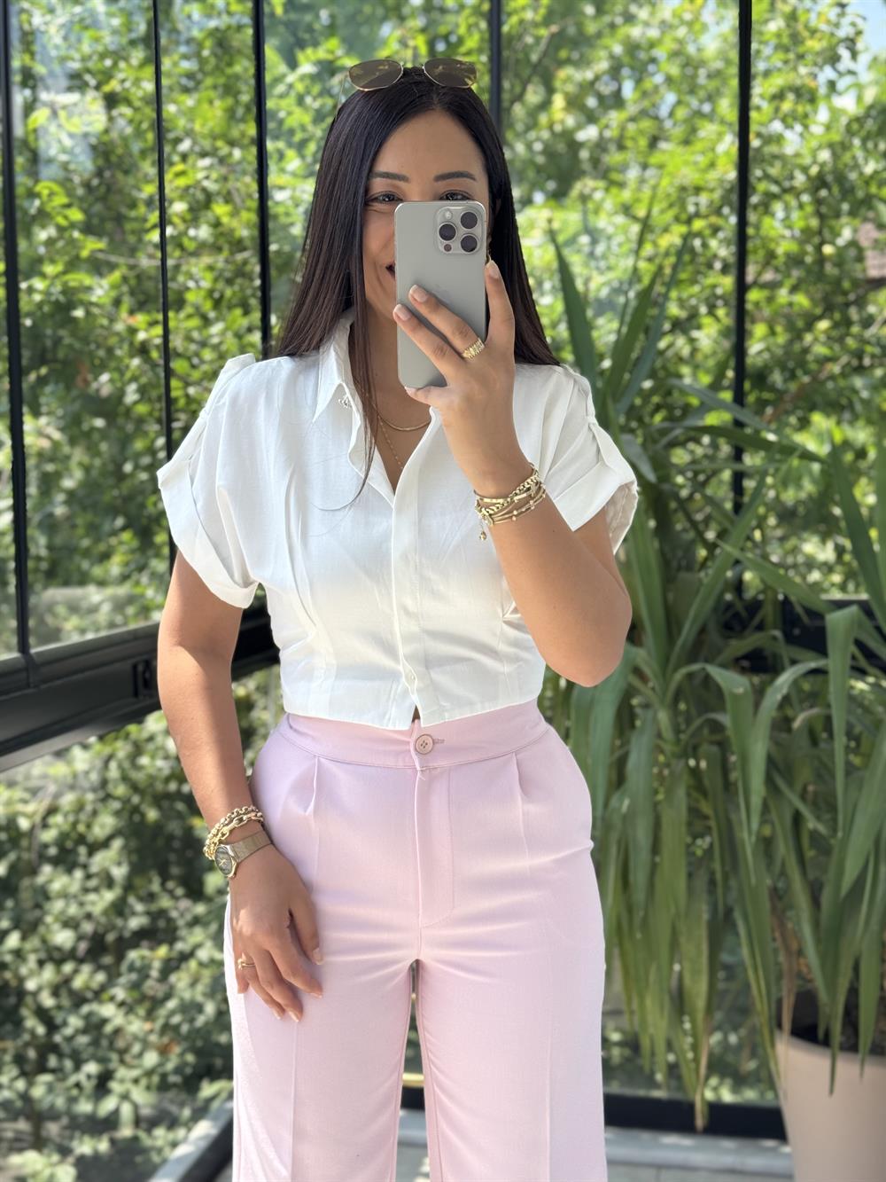 Omuz Düğmeli Saten Ekru