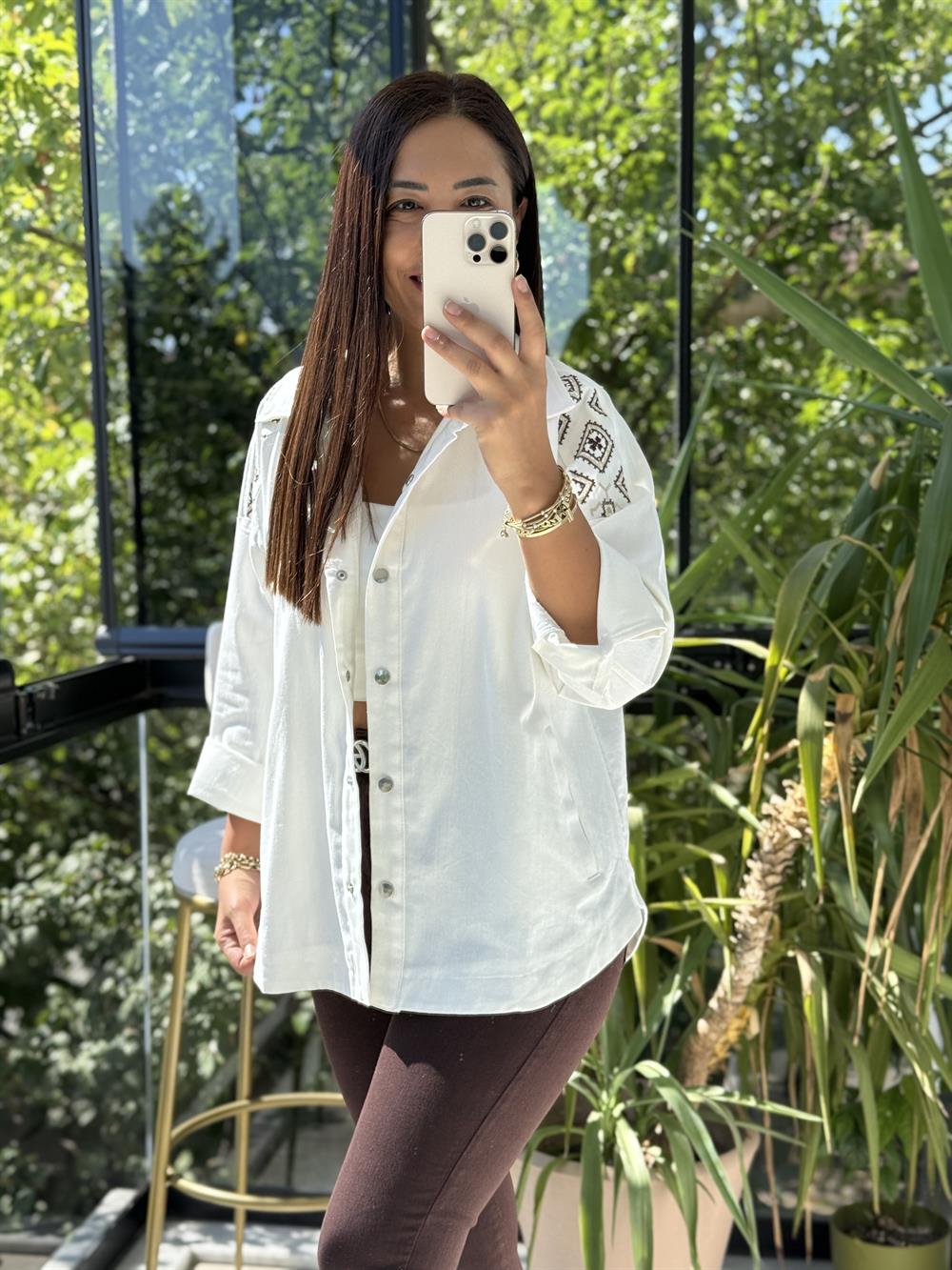 Omuz İşlemeli Gabardin Ceket Beyaz