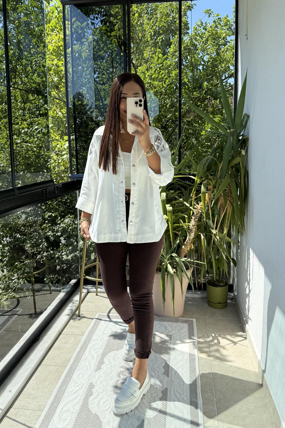 Omuz İşlemeli Gabardin Ceket Beyaz