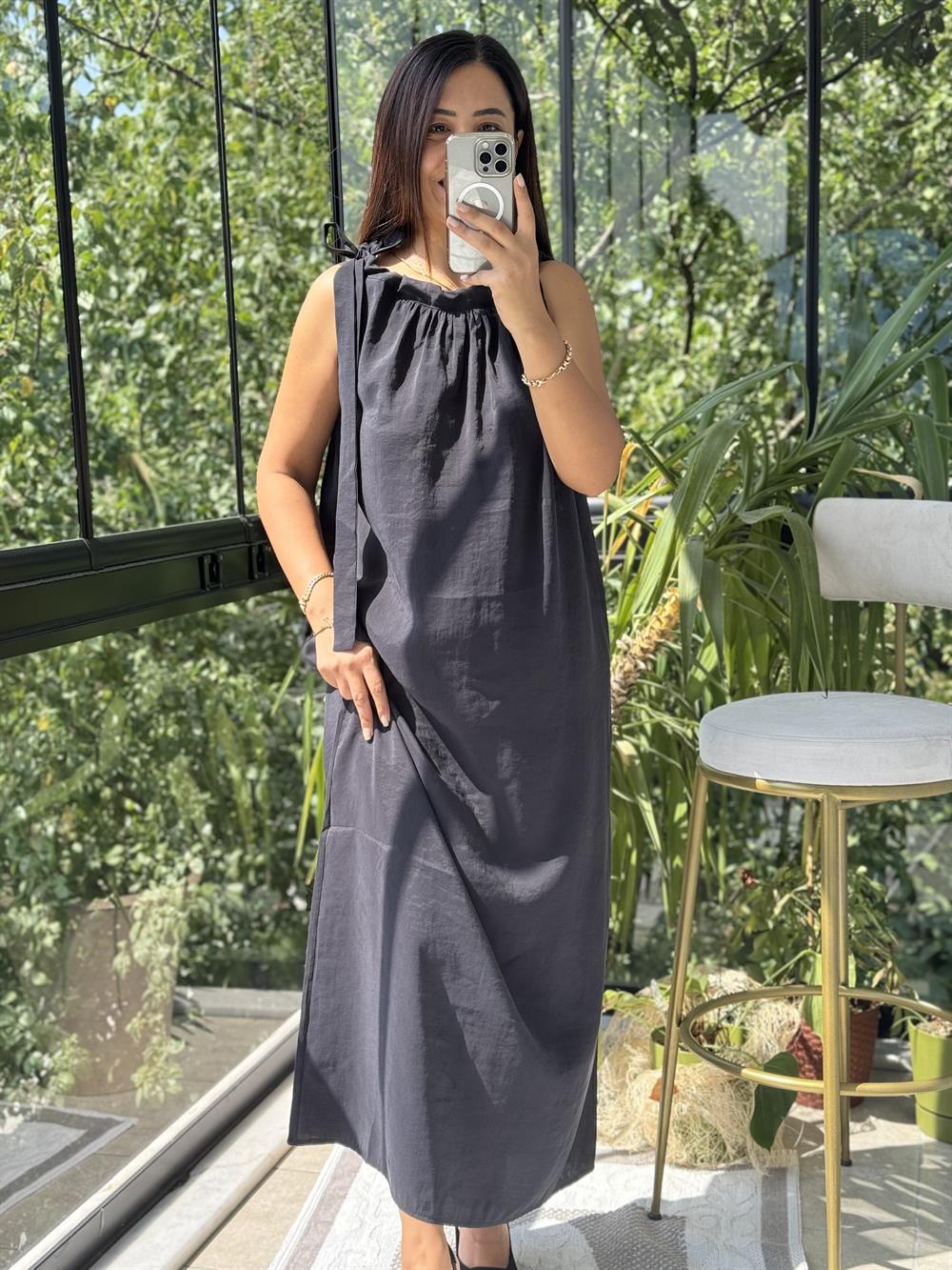 Omuzdan Bağlamalı Elbise Siyah