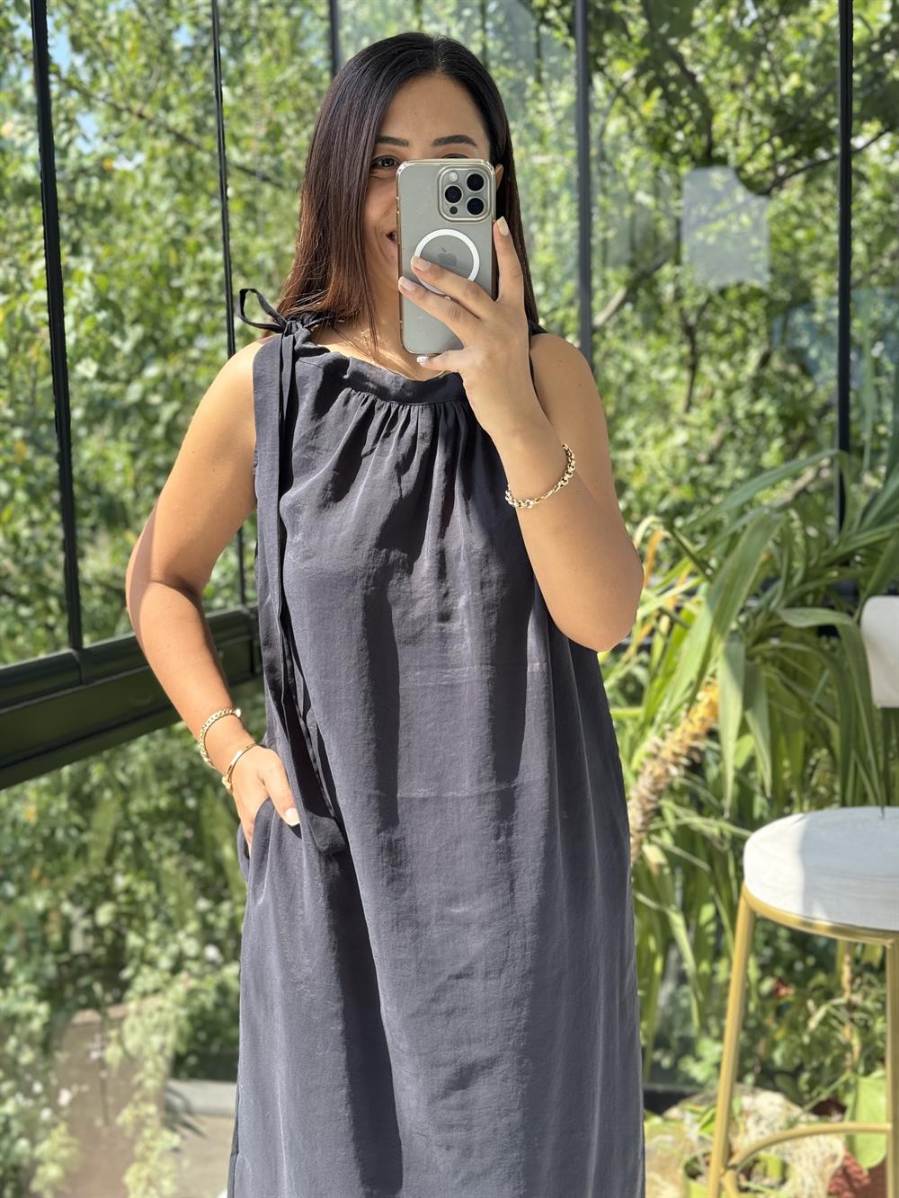 Omuzdan Bağlamalı Elbise Siyah