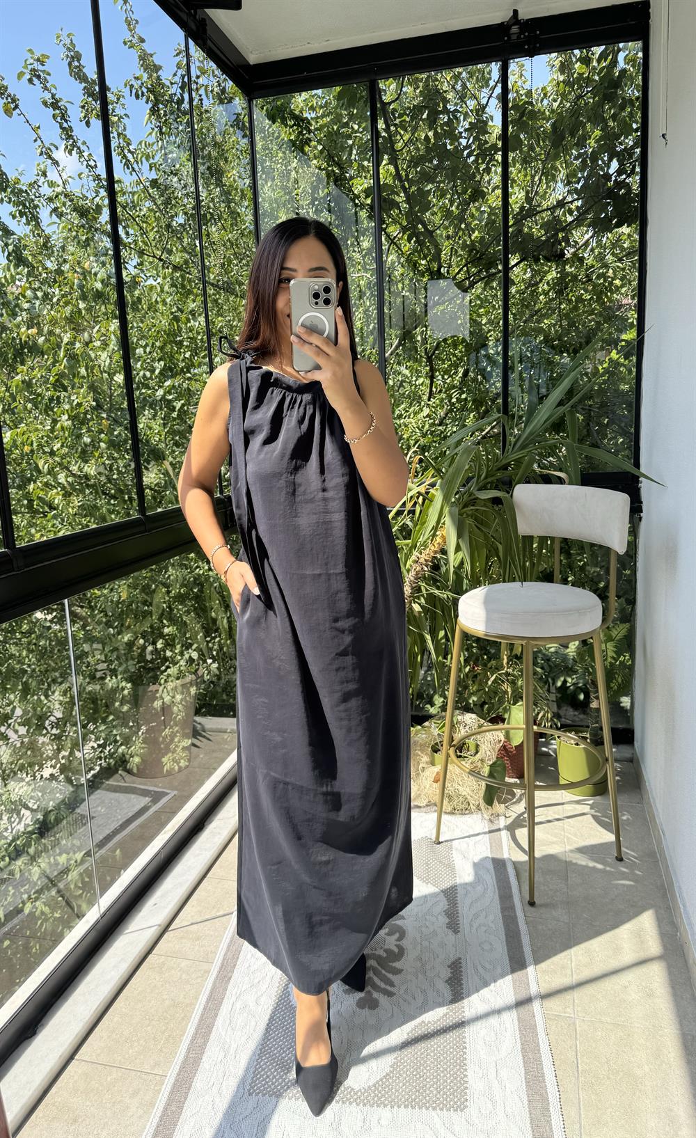 Omuzdan Bağlamalı Elbise Siyah