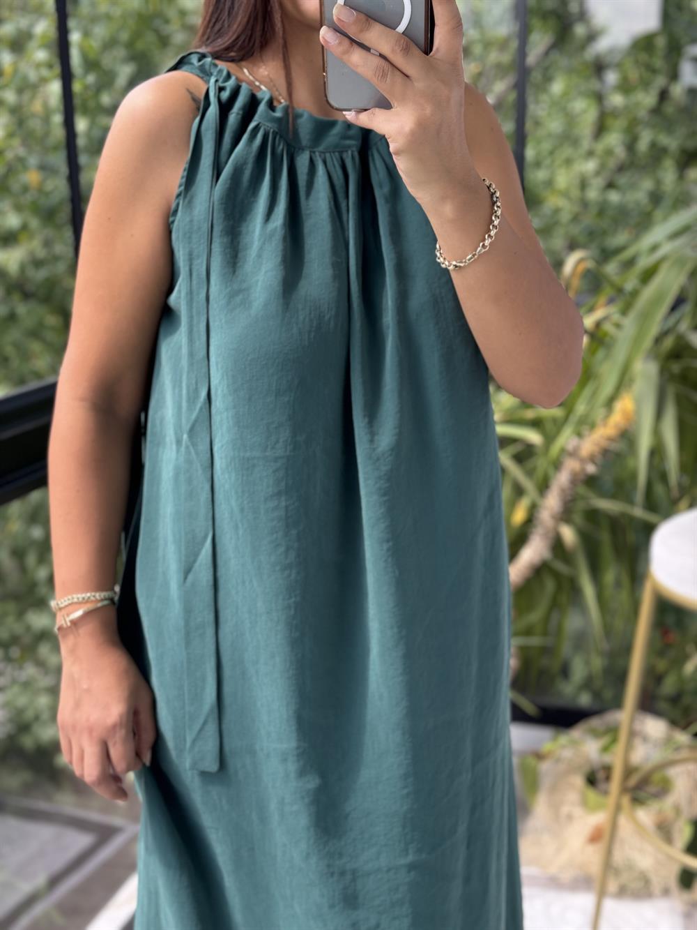 Omuzdan Bağlamalı Elbise Zümrüt