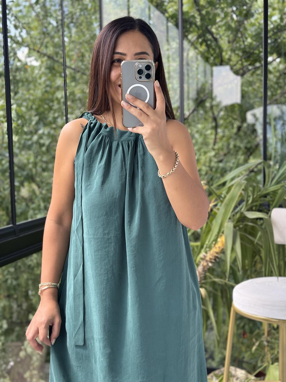 Omuzdan Bağlamalı Elbise Zümrüt