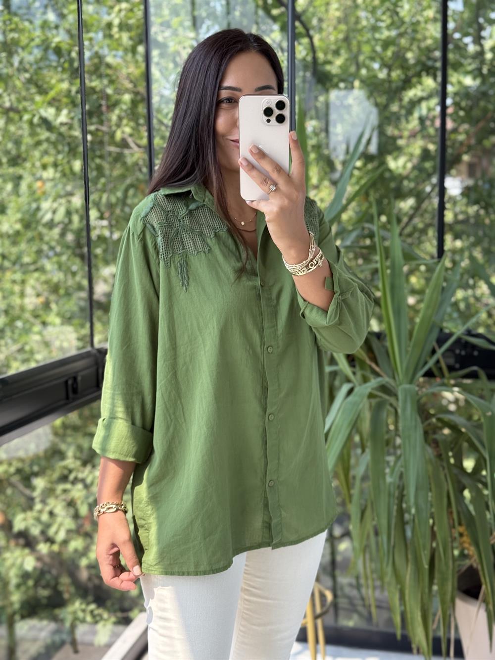 Omzu File Çiçekli Pamuklu Gömlek Haki Yeşili