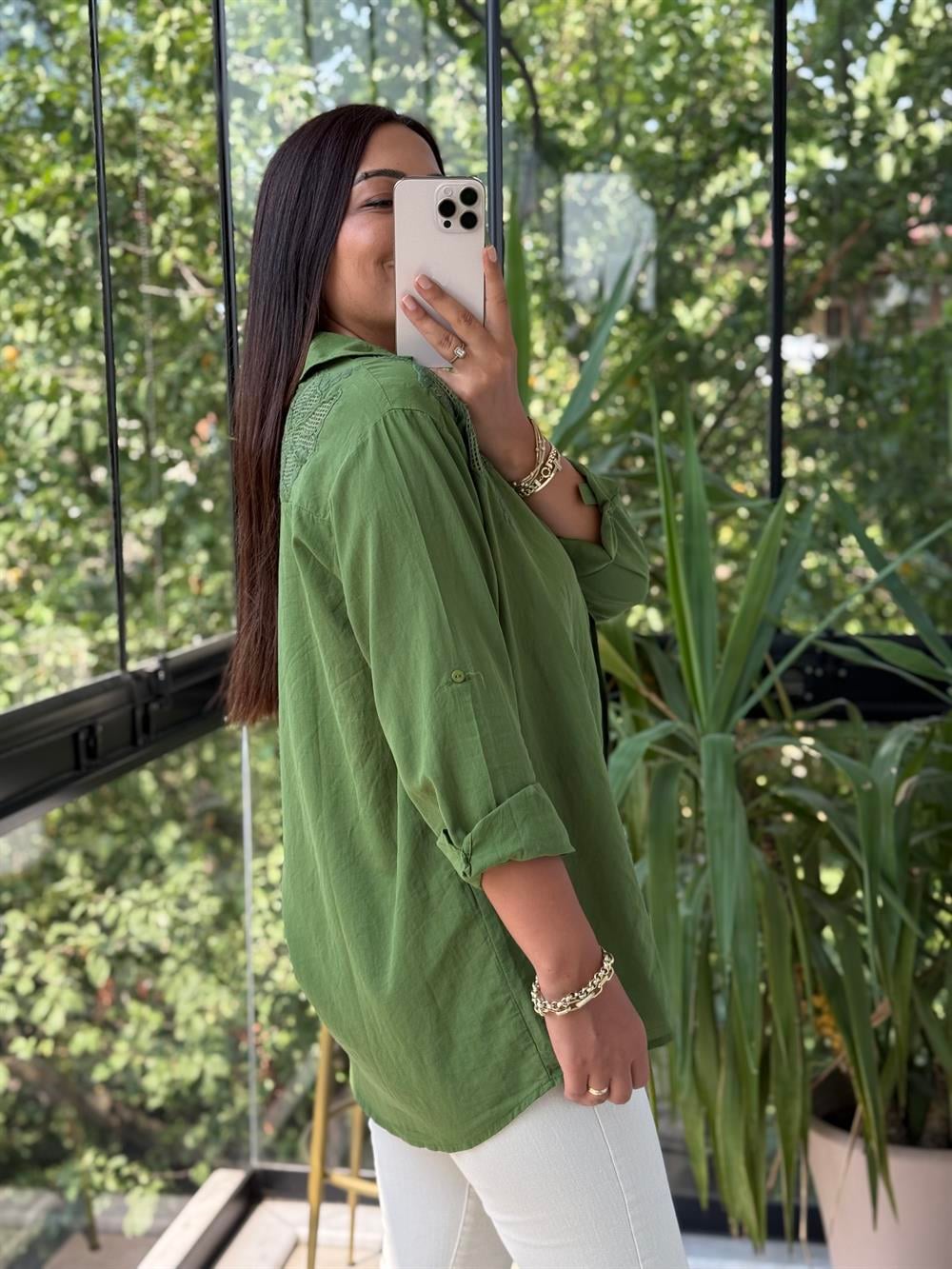 Omzu File Çiçekli Pamuklu Gömlek Haki Yeşili