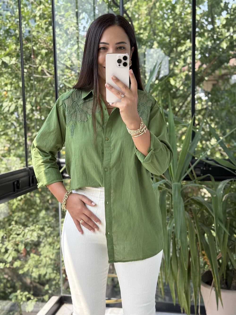 Omzu File Çiçekli Pamuklu Gömlek Haki Yeşili