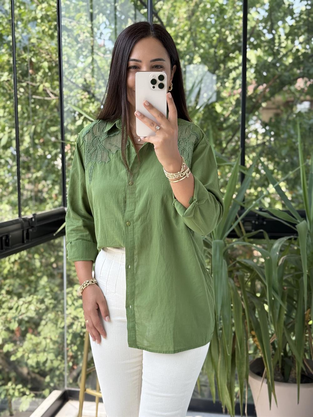 Omzu File Çiçekli Pamuklu Gömlek Haki Yeşili