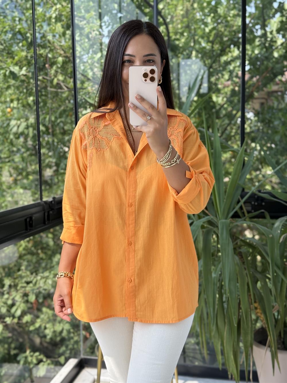 Omzu File Çiçekli Pamuklu Gömlek Turuncu