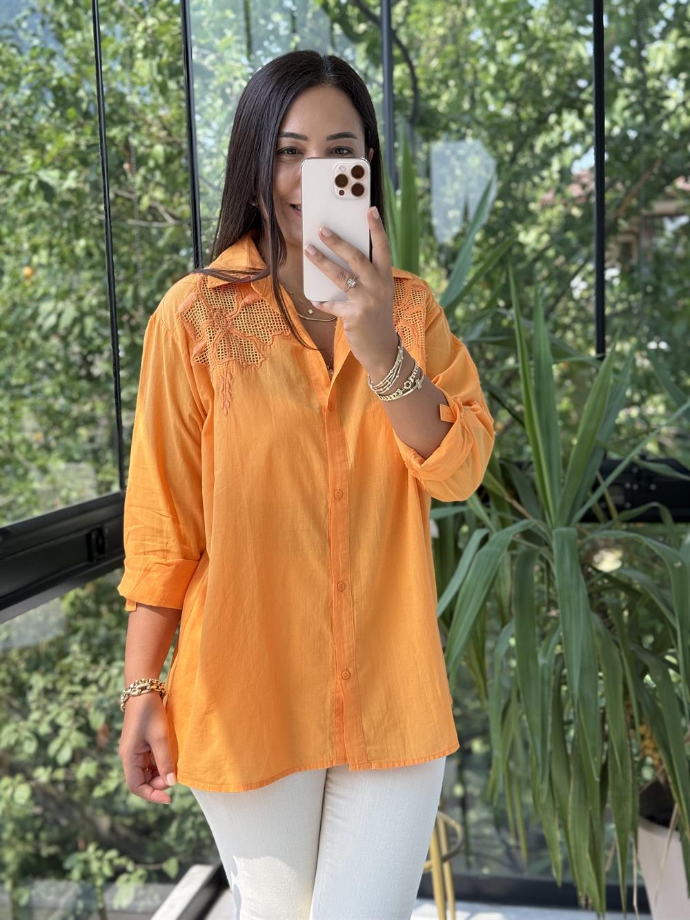 Omzu File Çiçekli Pamuklu Gömlek Turuncu