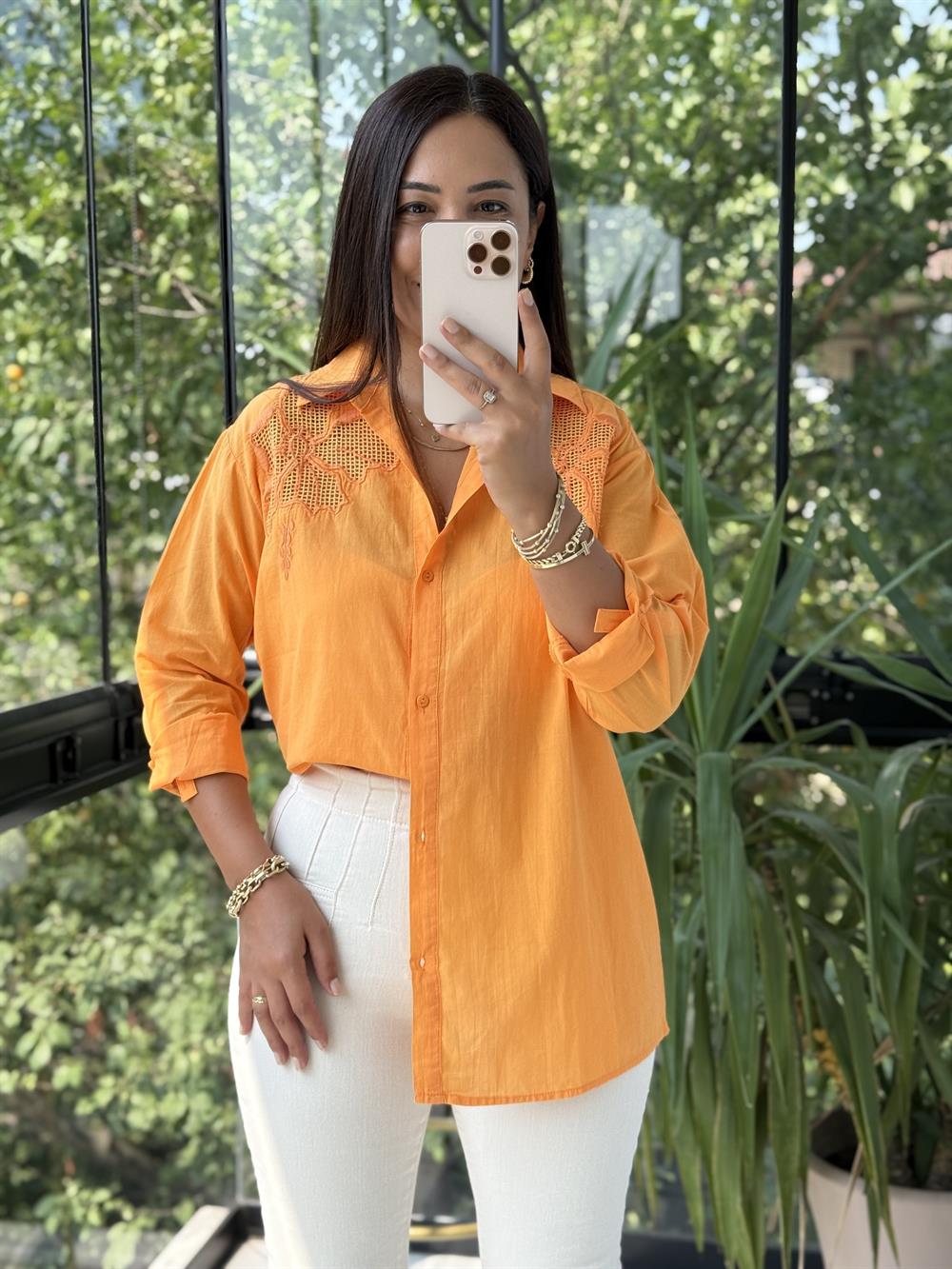 Omzu File Çiçekli Pamuklu Gömlek Turuncu