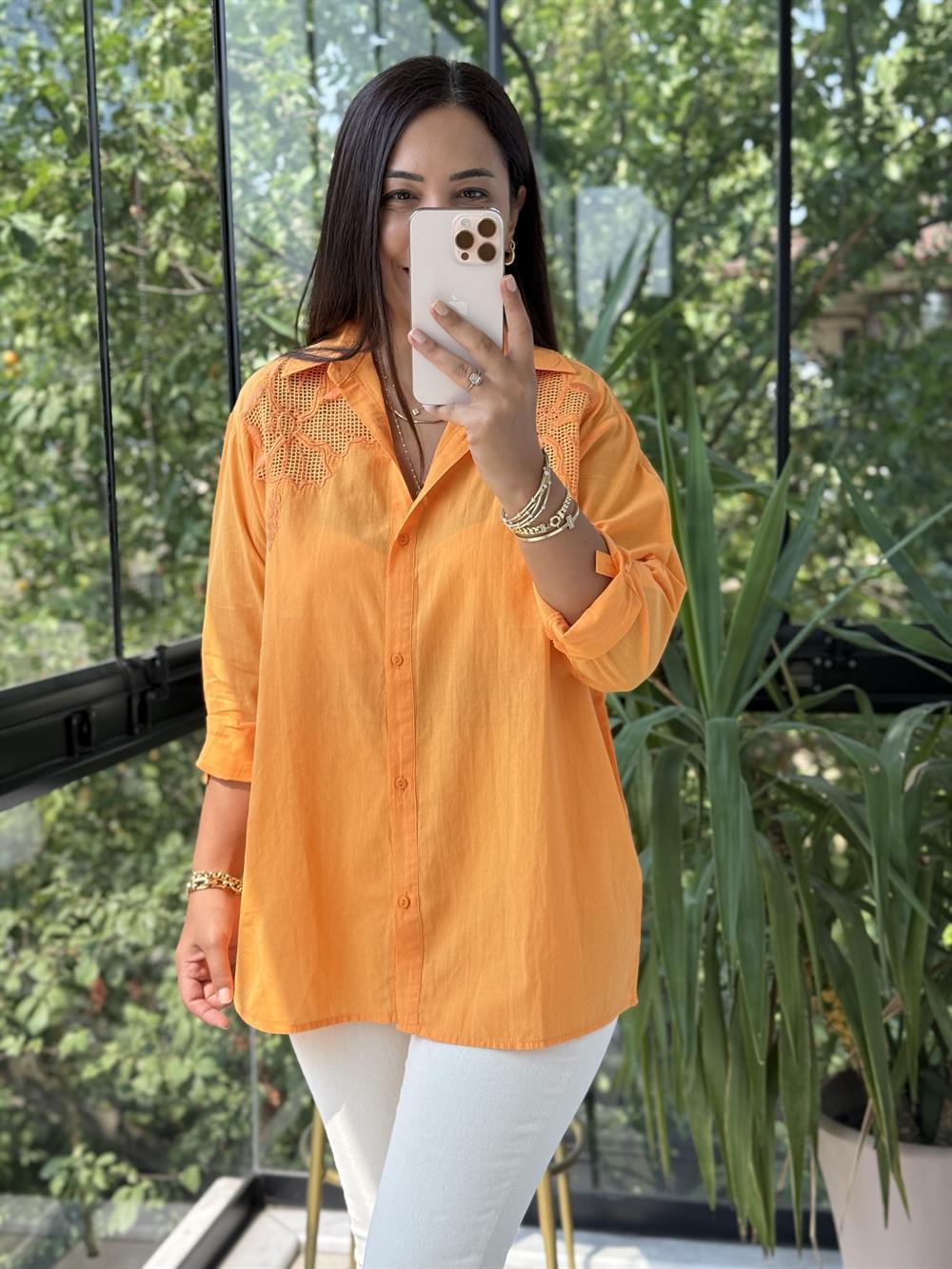 Omzu File Çiçekli Pamuklu Gömlek Turuncu