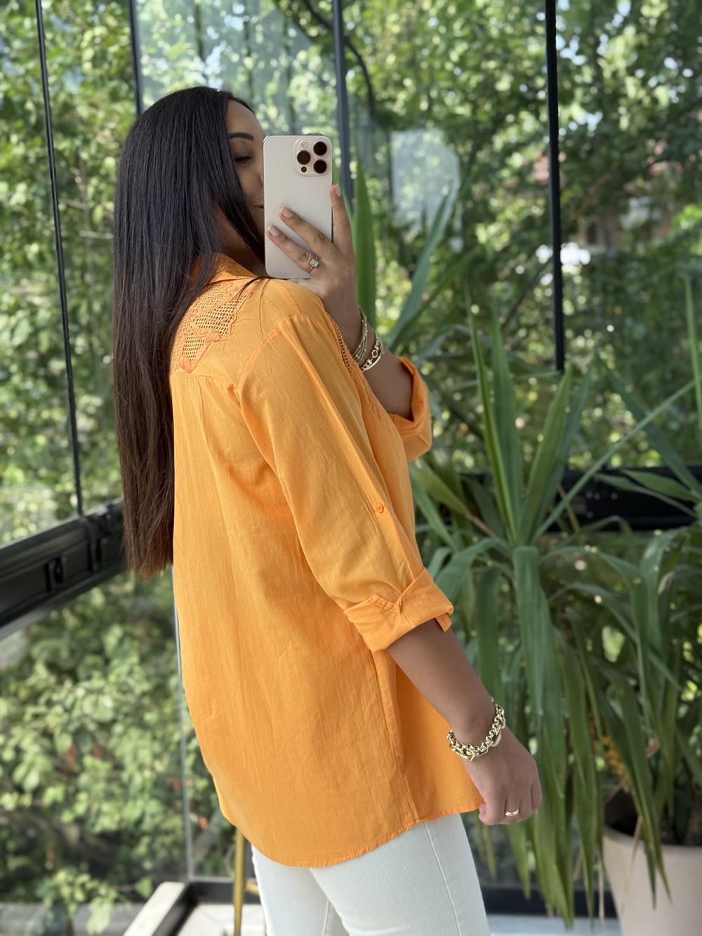 Omzu File Çiçekli Pamuklu Gömlek Turuncu