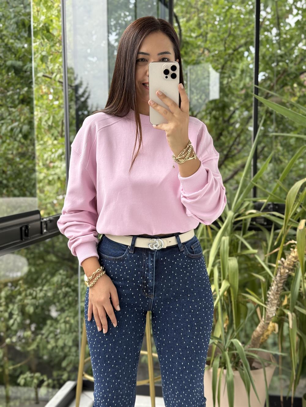Omzu Sıra Taşlı Sweatshirt Pembe