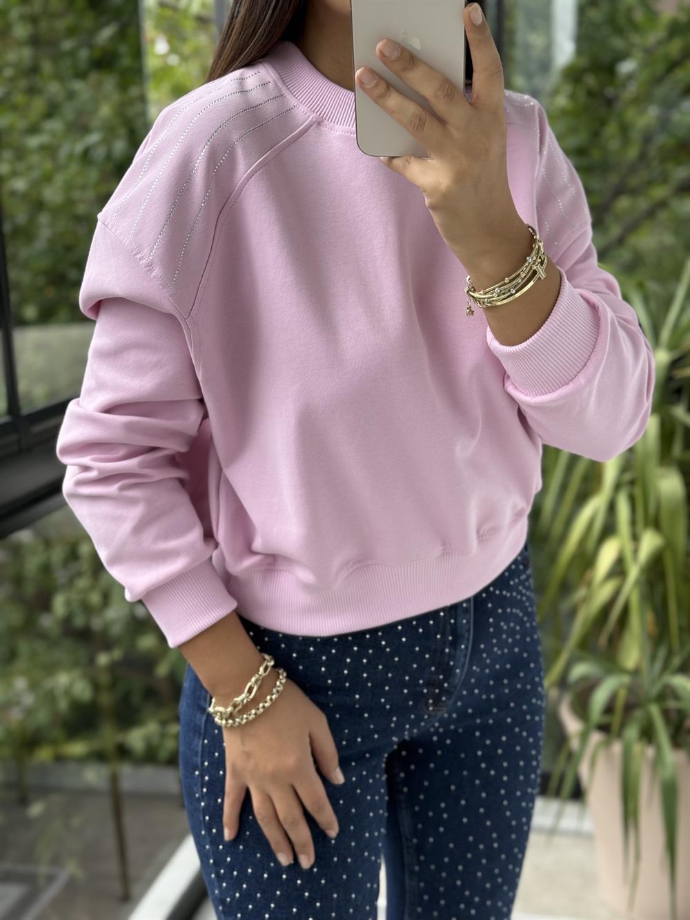 Omzu Sıra Taşlı Sweatshirt Pembe