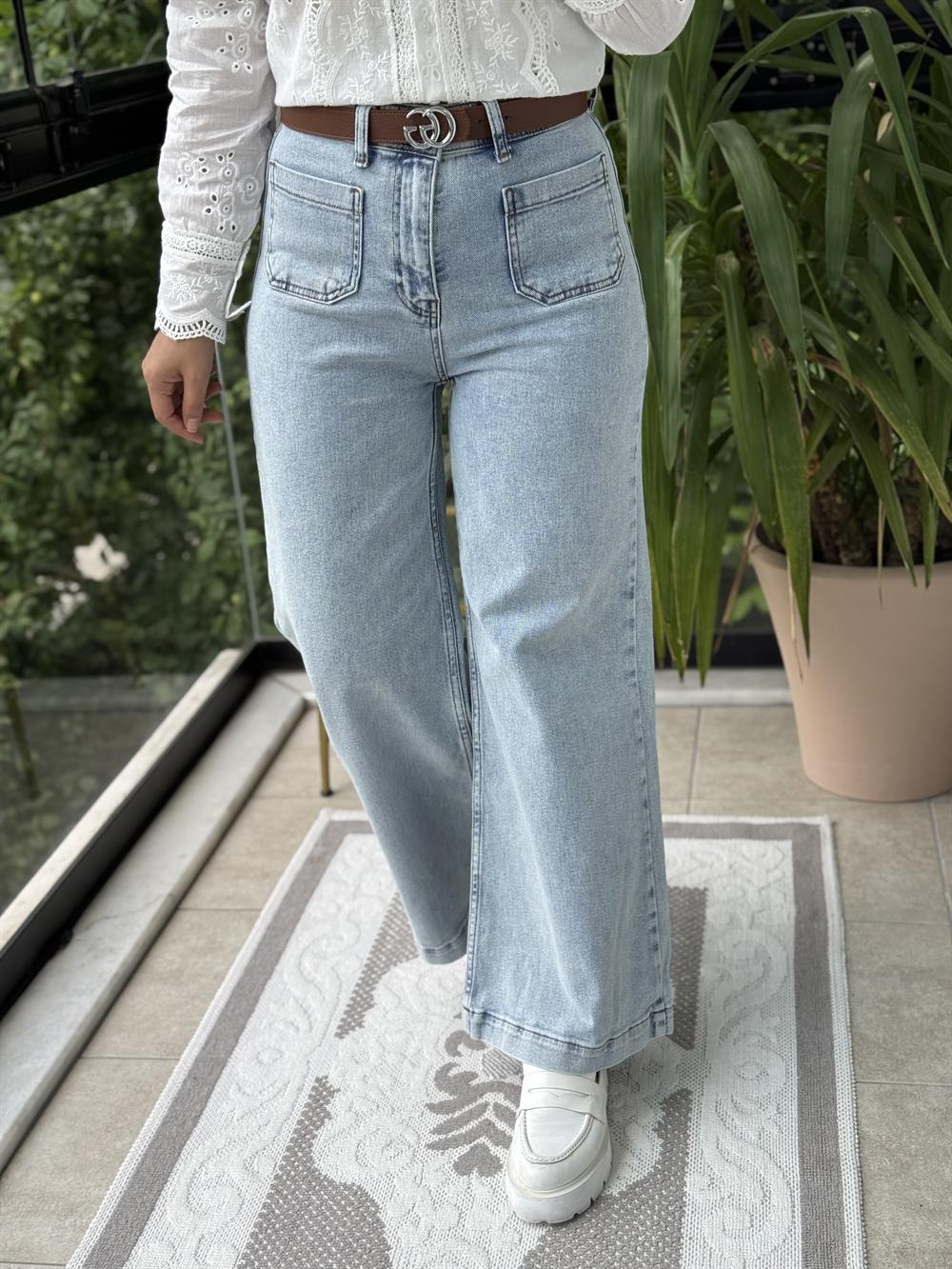 Ön Cep Detaylı Palazzo Jean Kar Yıkama