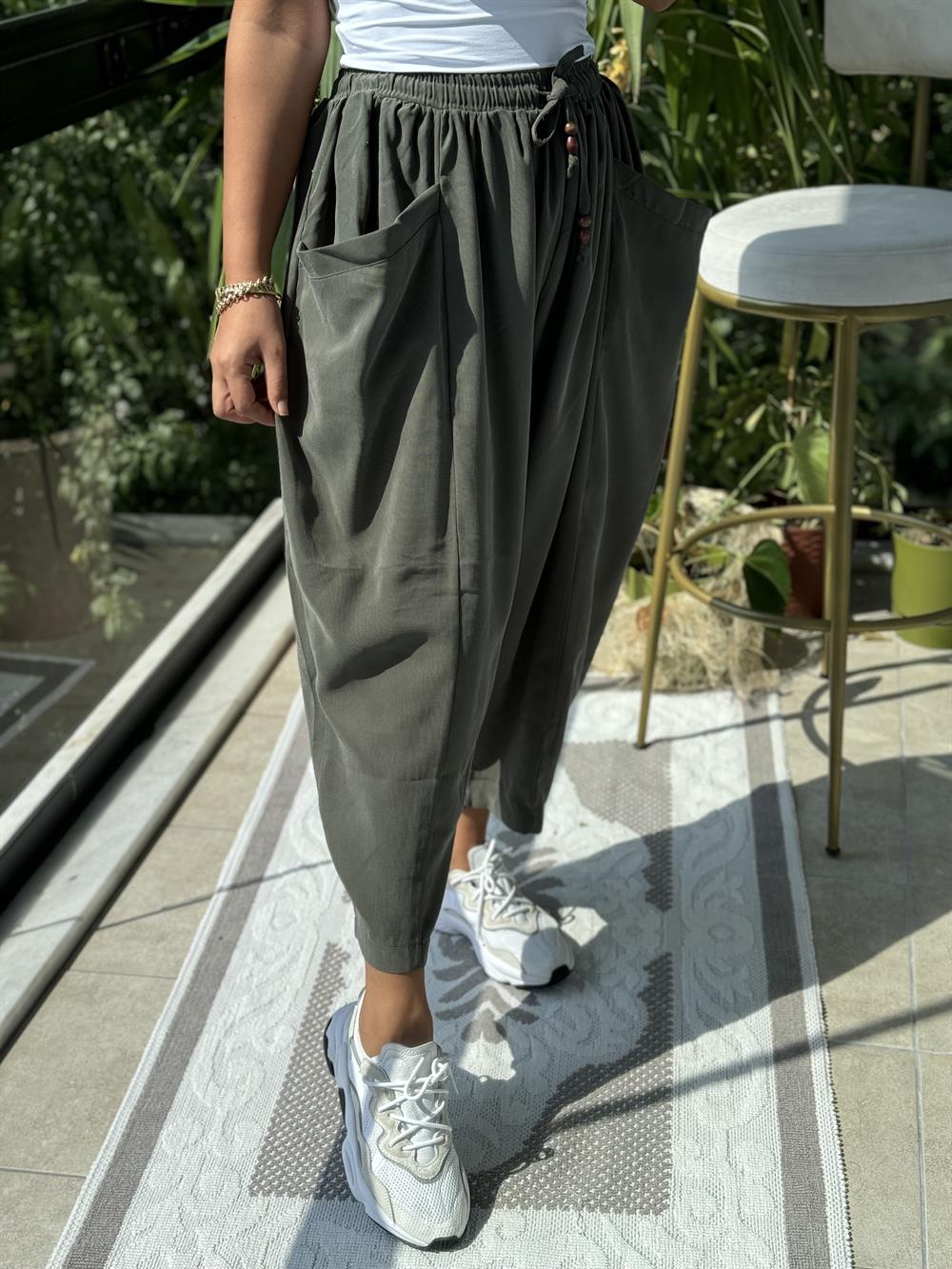 Önden Cepli Şalvar Pantolon Haki Yeşili